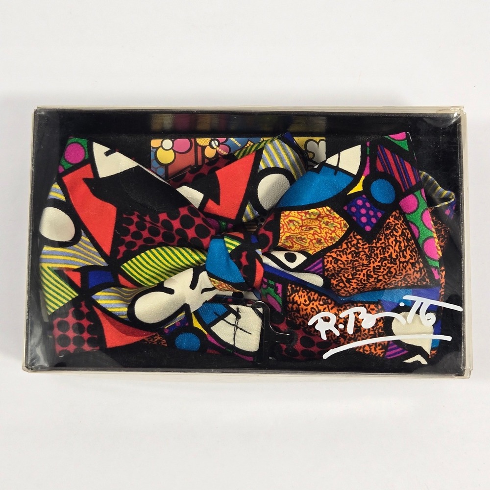Romero Britto Neo-Pop Cubism Silk Bow Tie Multi-Color Abstract Art Pre-Tied NIB